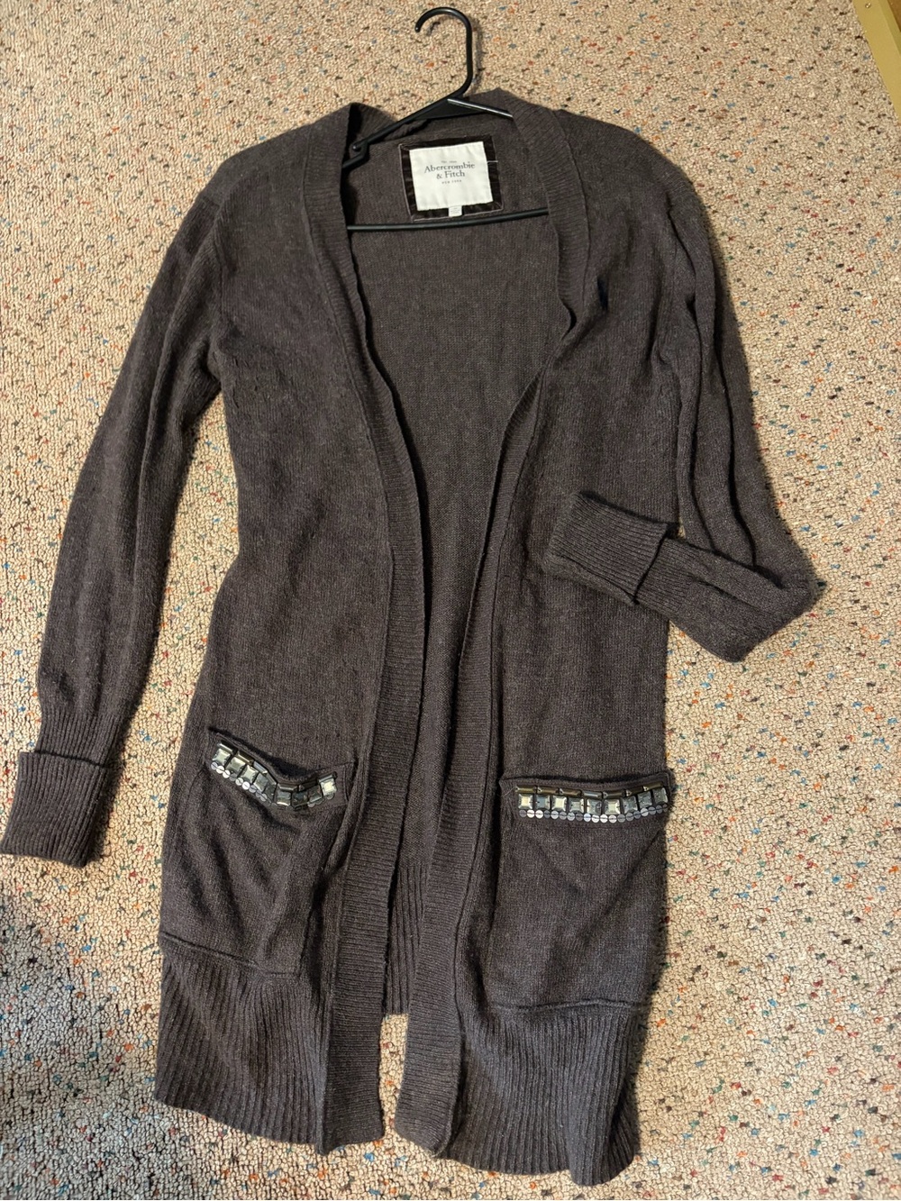 Abercrombie & Fitch Long Open-Front Black Cardigan with Embellished Pockets